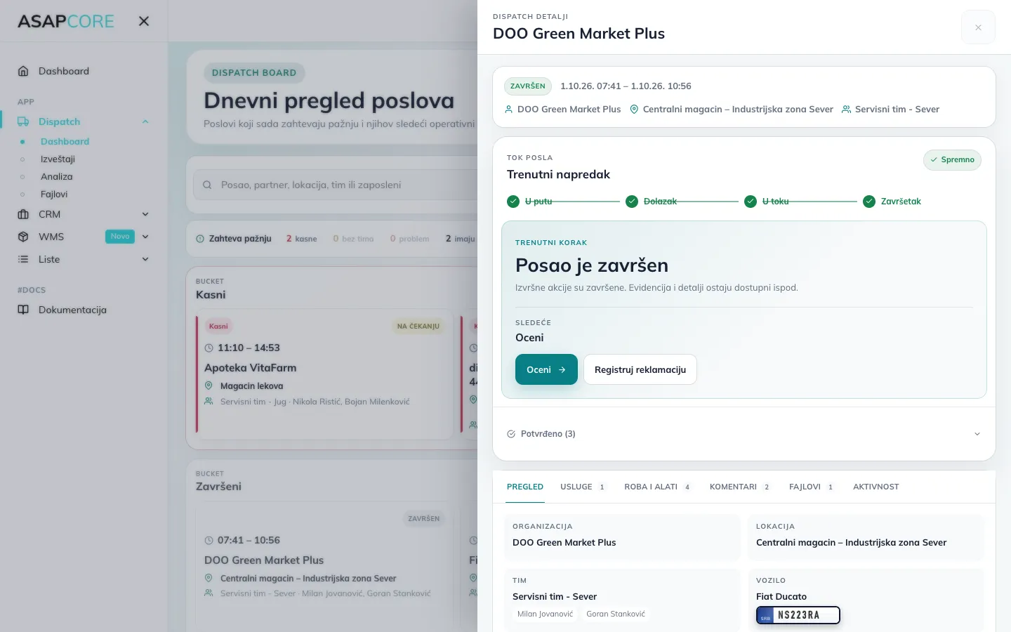 Panel Dispatch detalji za završen posao