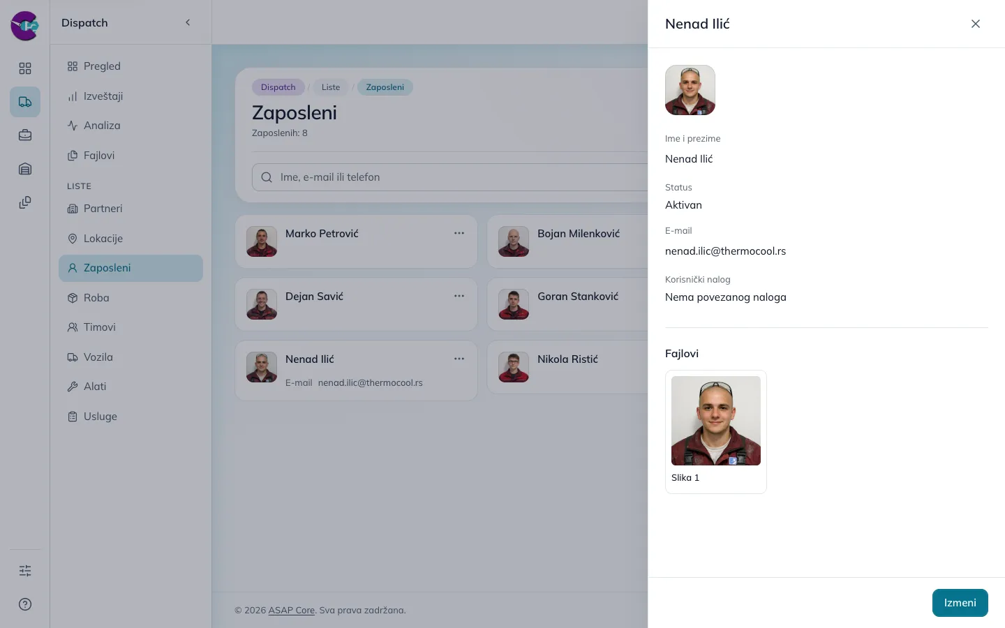 Detalji zaposlenog sa kontaktom, statusom, vezom sa nalogom i priloženom slikom